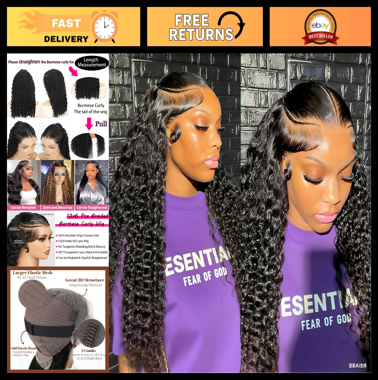 Curly Water Wave Lace Front Wig 13×6 Human Hair, 180% Density, Pre-Braided, 22