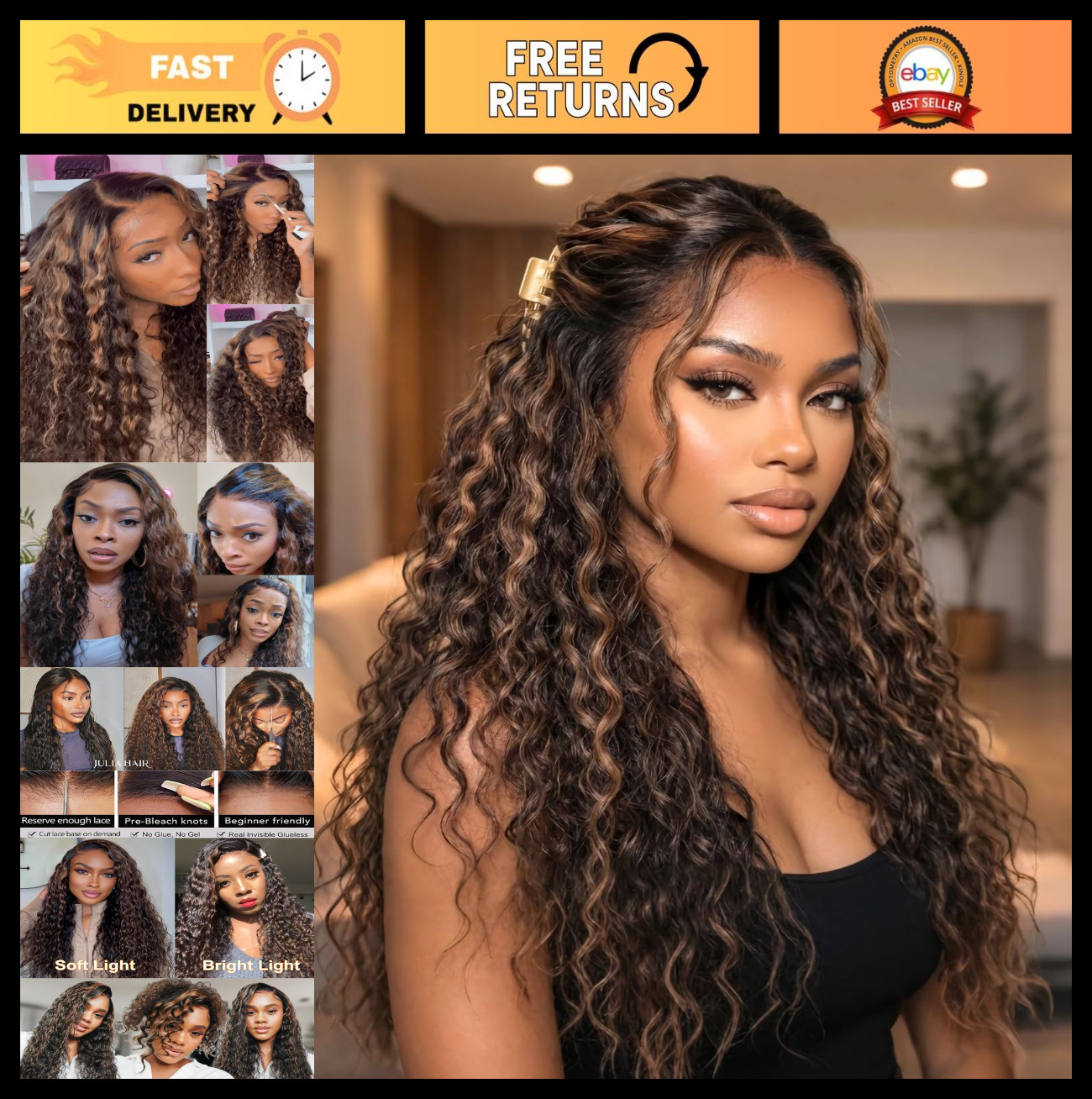 Golden Brown Highlight Deep Wave 22″ HD Lace Closure Glueless Wig, Pre-Plucked,