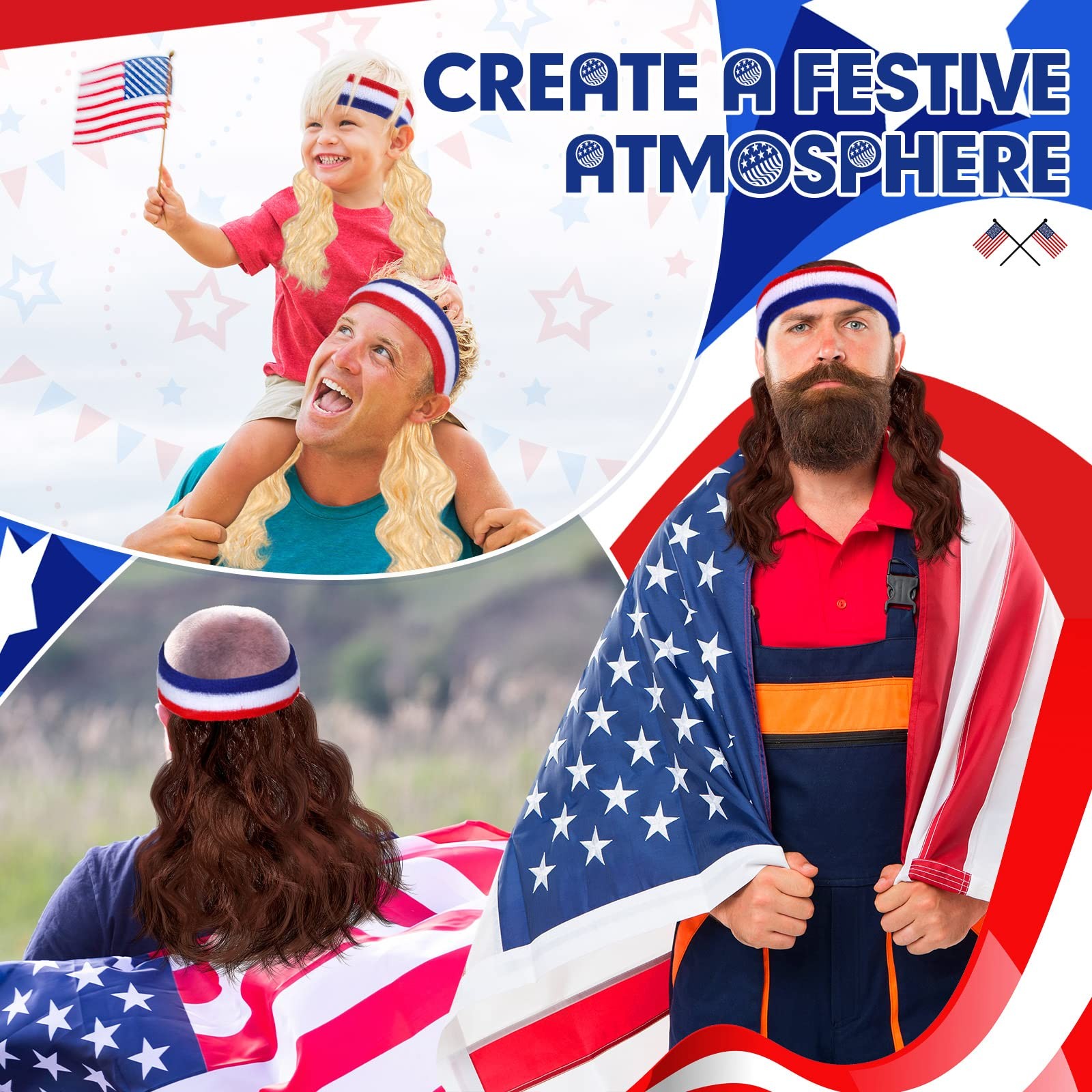 2 Pieces Mullet Wig USA Headband American Flag Style Sports Striped Sweatband…