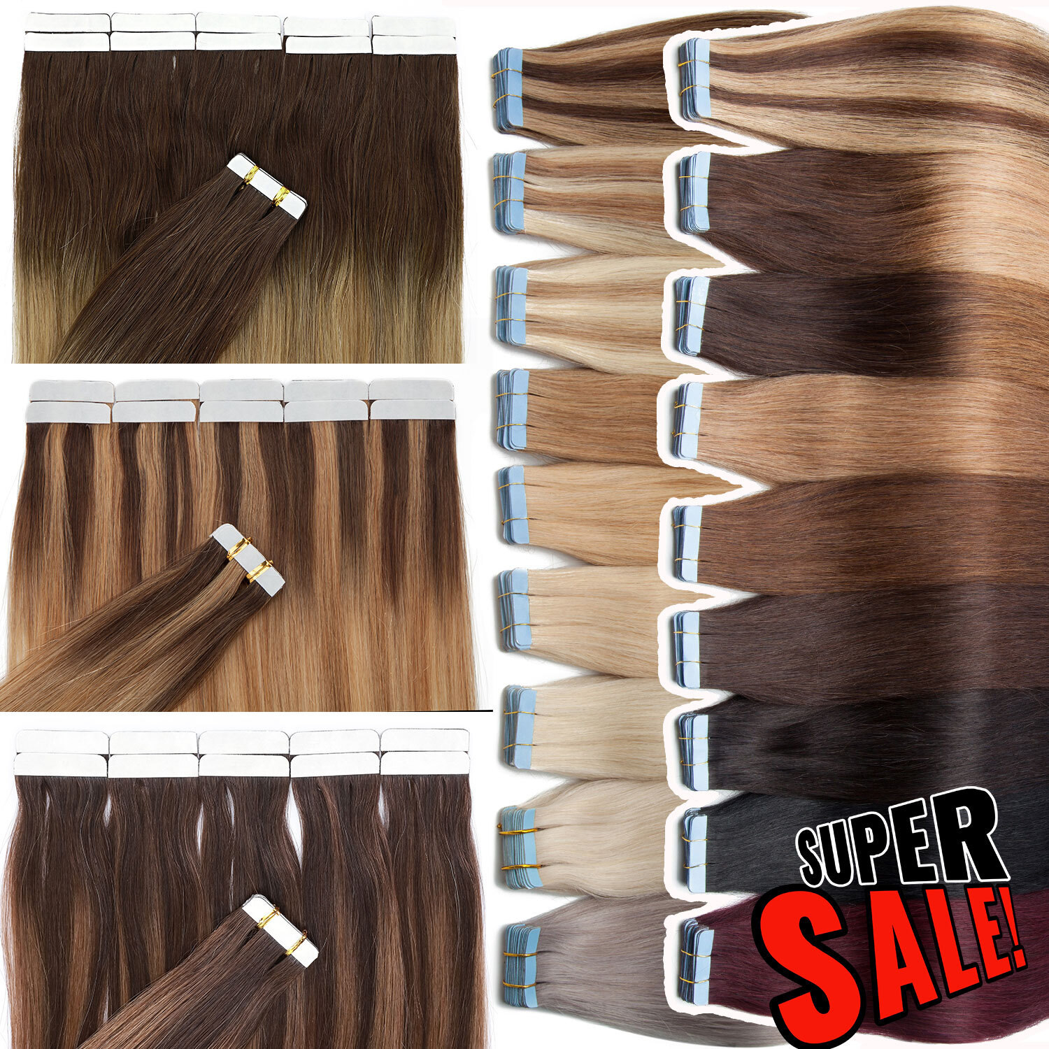 Thick Tape In Remy Human Hair Extensions Skin Weft FULL HEAD Balayage 50G 100G Q