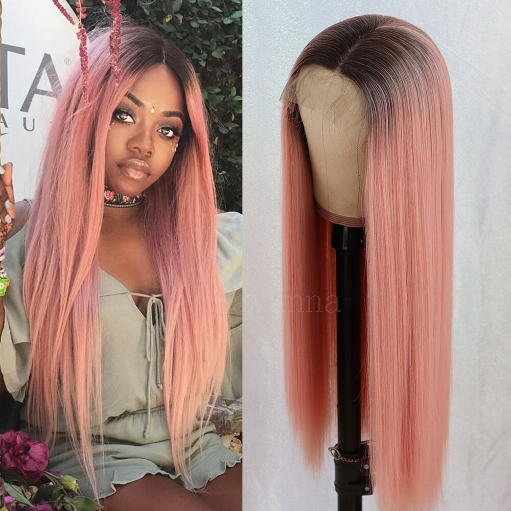 Ombre Pink Hair Synthetic Lace Front Wigs Long Straight Heat Resistant Natural