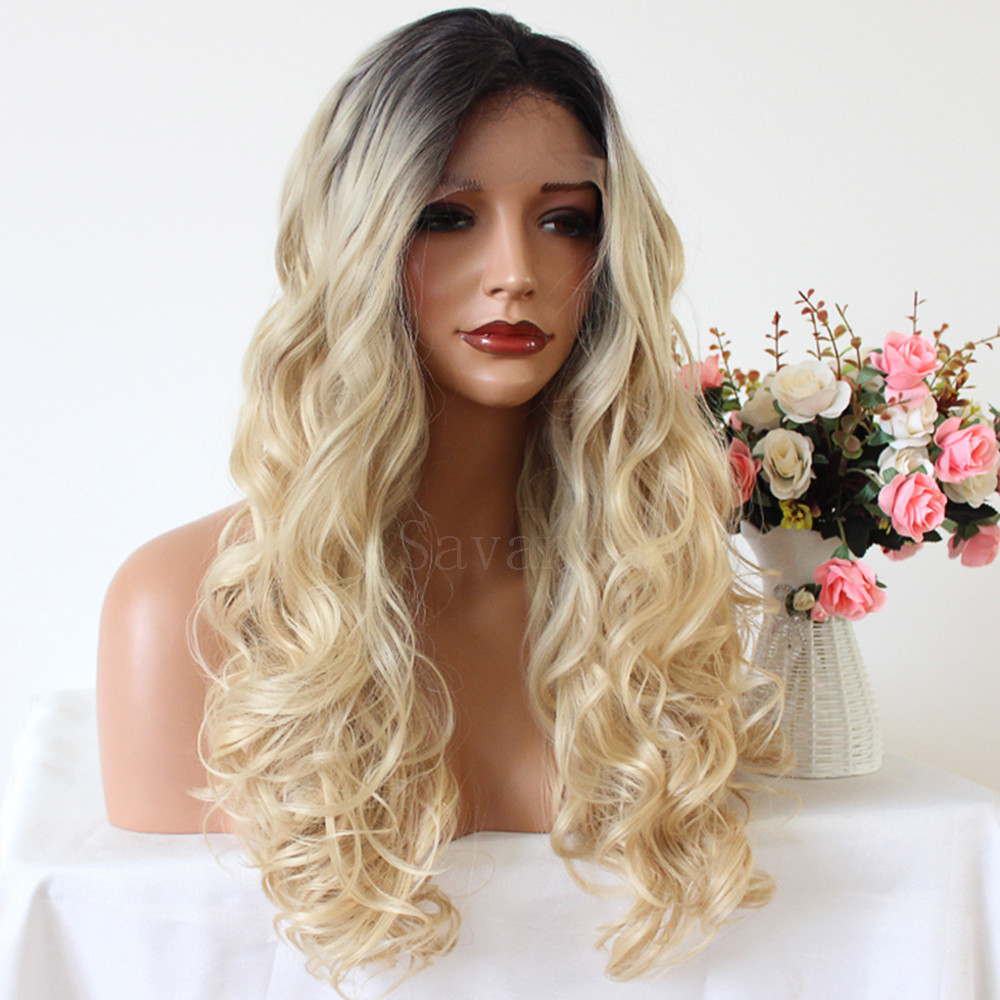 Black Blonde Ombre Synthetic Lace Front Wig Long Full Women’s Wigs Fashion Wavy