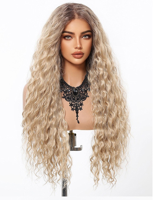 Long Curly Rooted Blonde Mix Lace Front Synthetic Hair Heat Ok Wigs for Women
