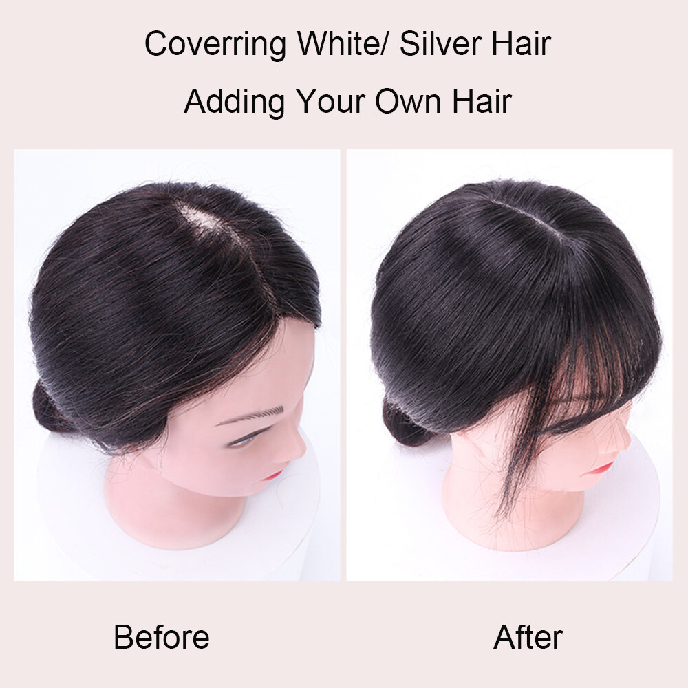 100% Human Hair Toupee Clip in Hairpiece Thin Topper with Bangs Top Hair Pieces