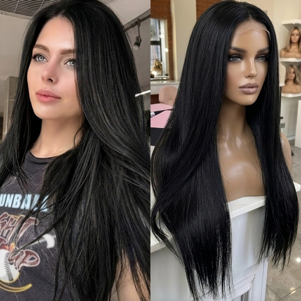 Long Straight Heat Resistant Synthetic Hair Black Frontal Lace Wigs