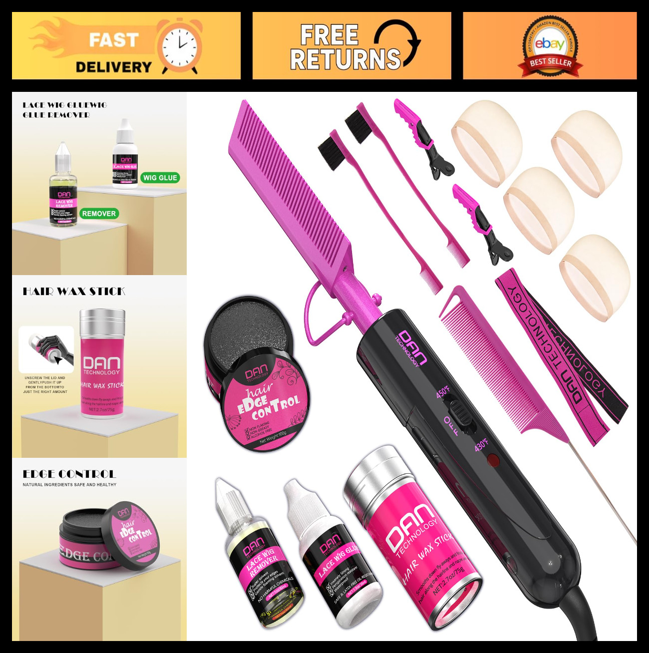 Hot Comb Set & Wig Installation Kit – Glue, Remover, Wax Stick, Edge Control & M