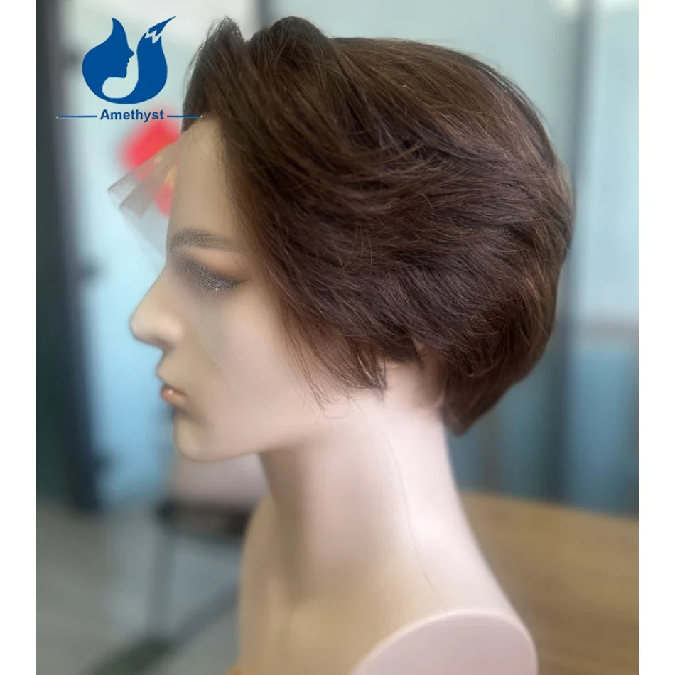 #4 Brown Layered Men’s Wig Human Hair 13×6 Lace Front Wig Side Part Pre Plucked