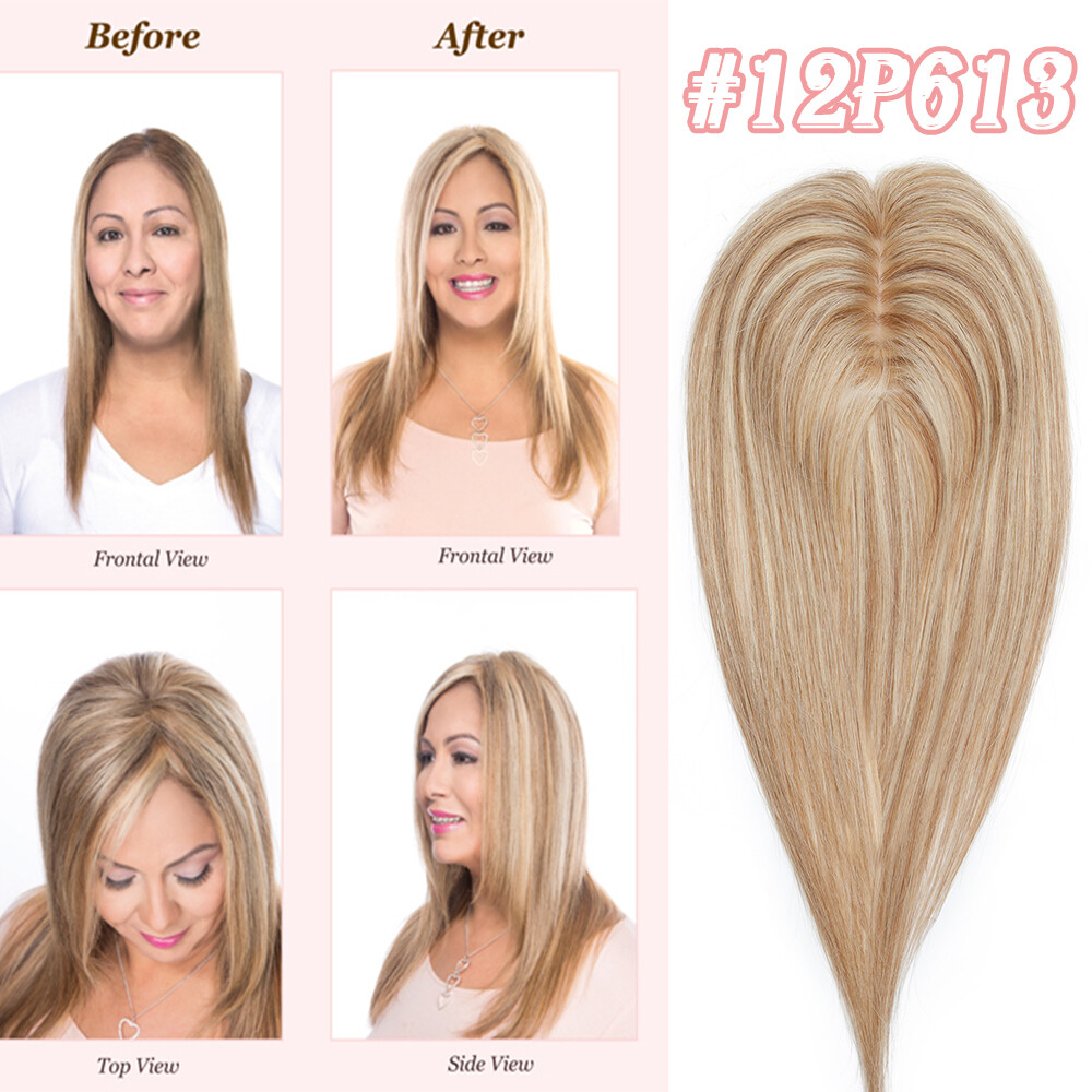 Clip In Remy Human Hair Topper Hairpiece Toupee Middle Part Silk Base For Women