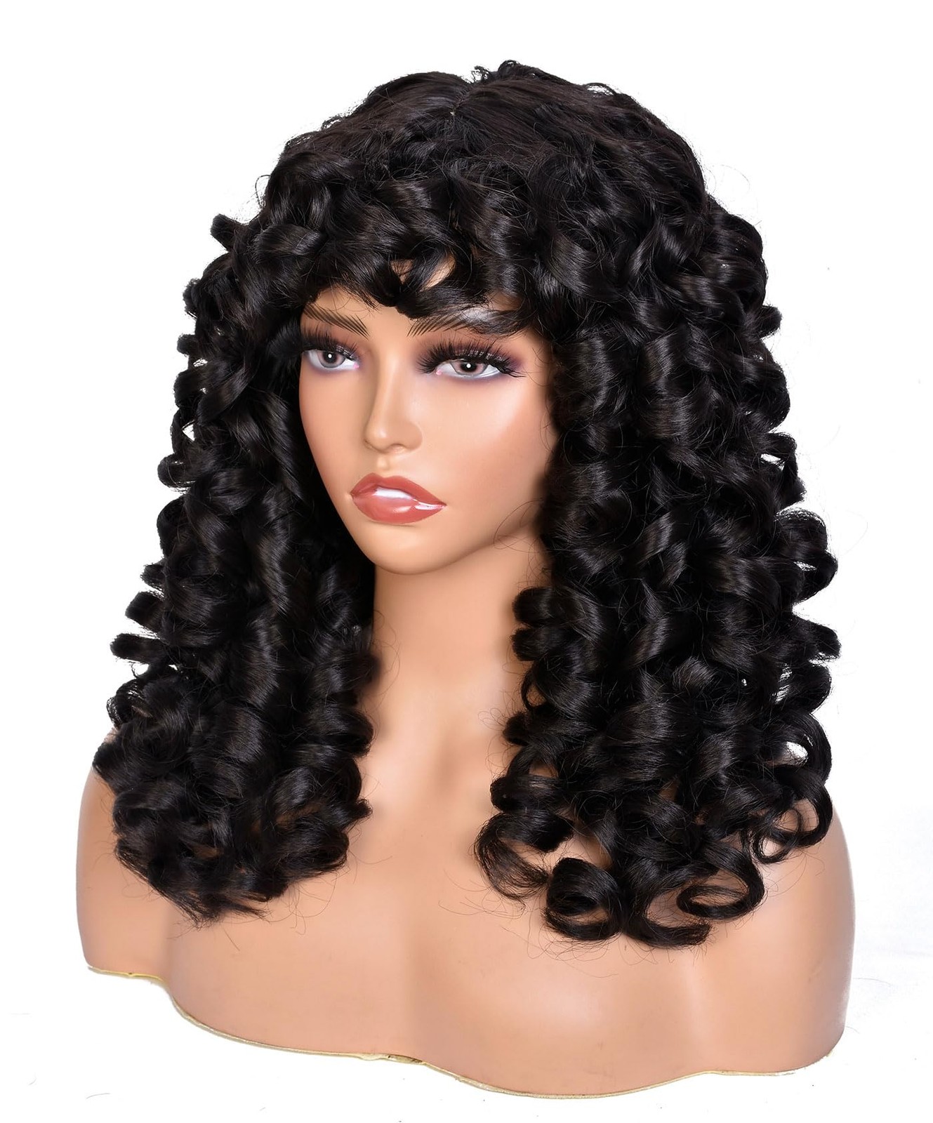 Chocolate Brown Curly Wigs for Black Women Long Curly Afro Wig with Bangs for…
