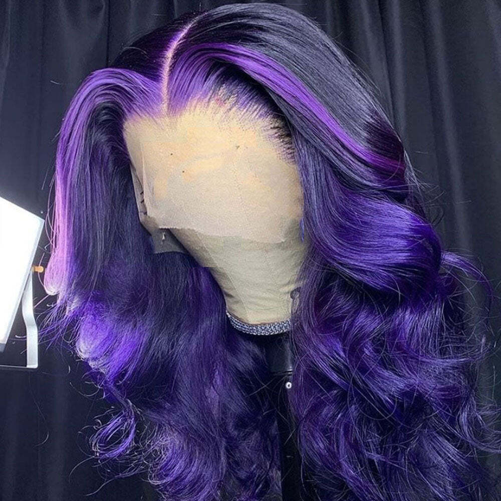 Black Purple Highlight Wig 100% Real Human Hair Wavy Wig 13×4 Lace Front Wigs
