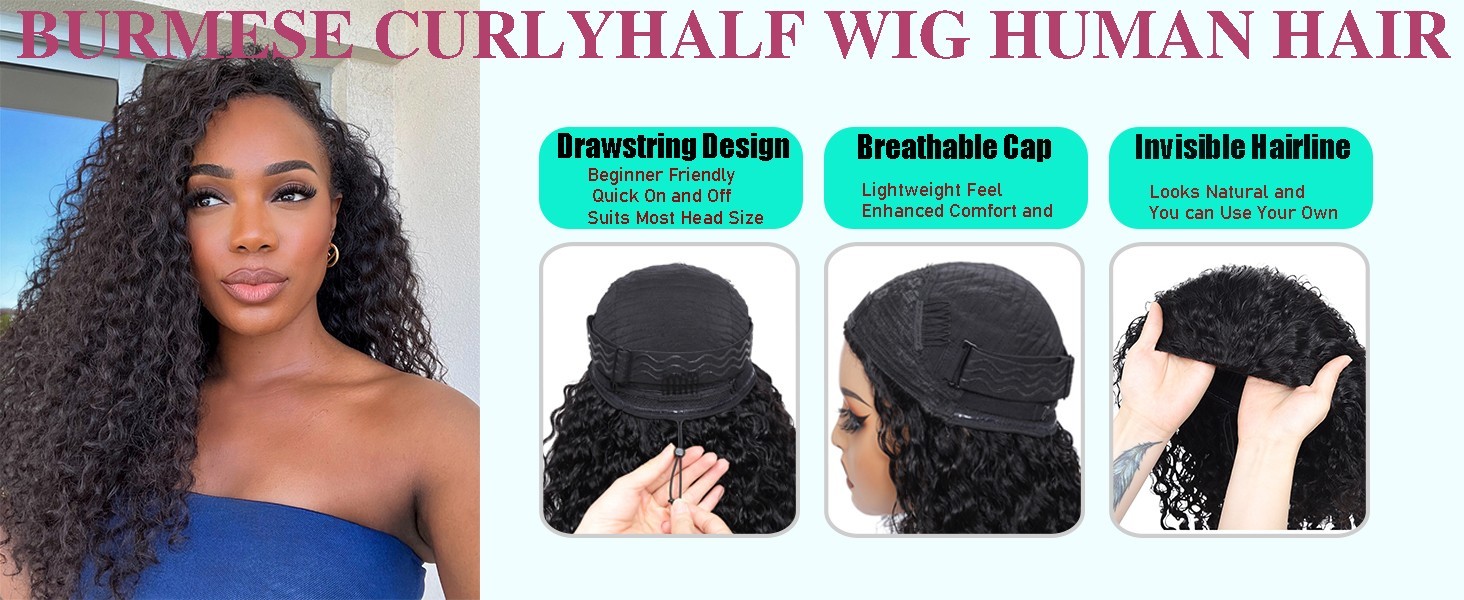 24 Inch Burmese Curly Human Hair Half Wig with Spiral Curls End Glueless 180%