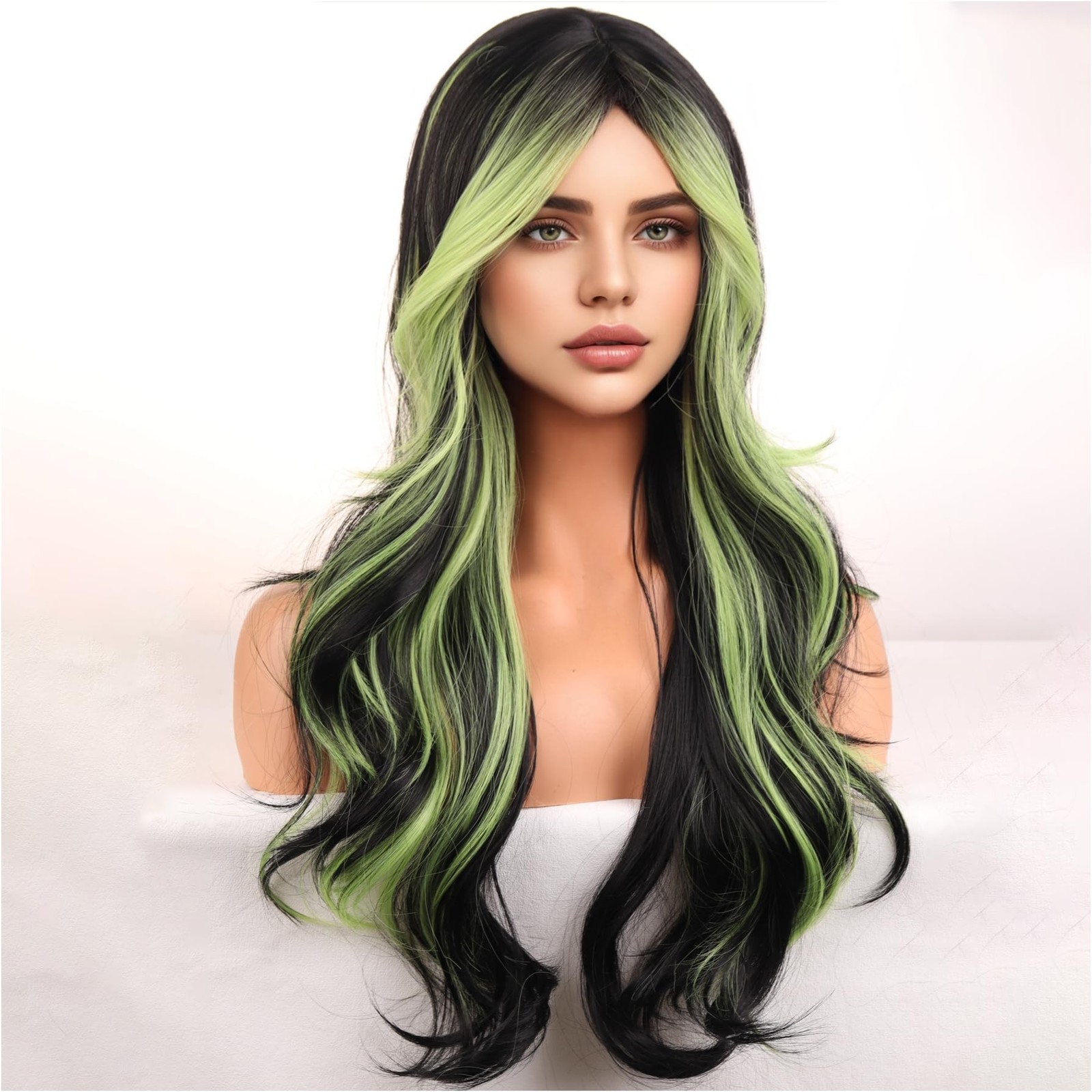 Black And Green Wigs for Women Girls Long Curly Wavy Wig With Bangs Black Gre…