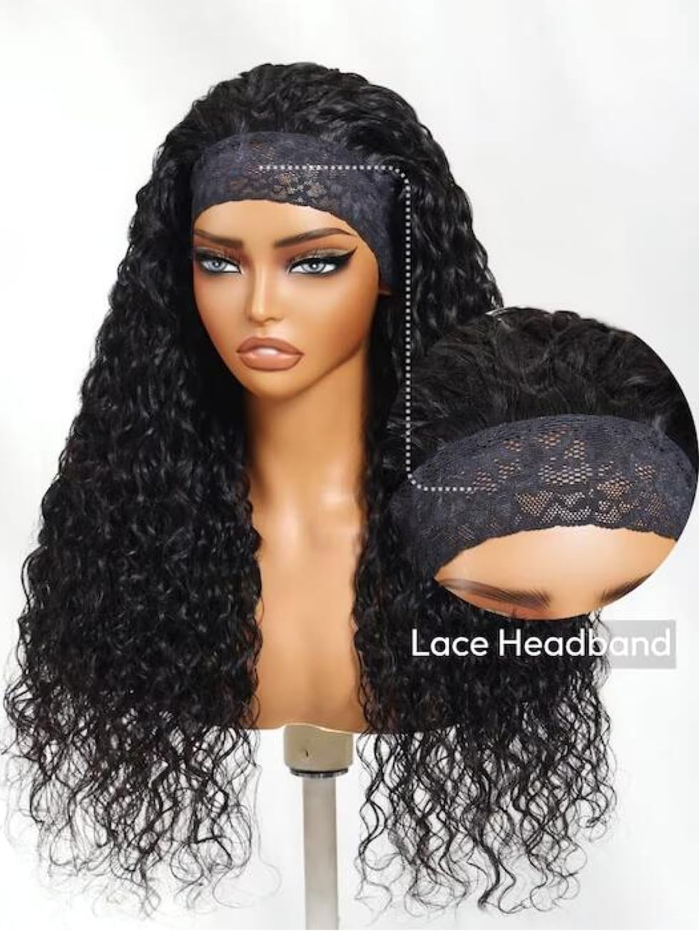 Water Wave Headband Wig – 20″ Human Hair, No-Slip, Glueless, 150% Density, Natur