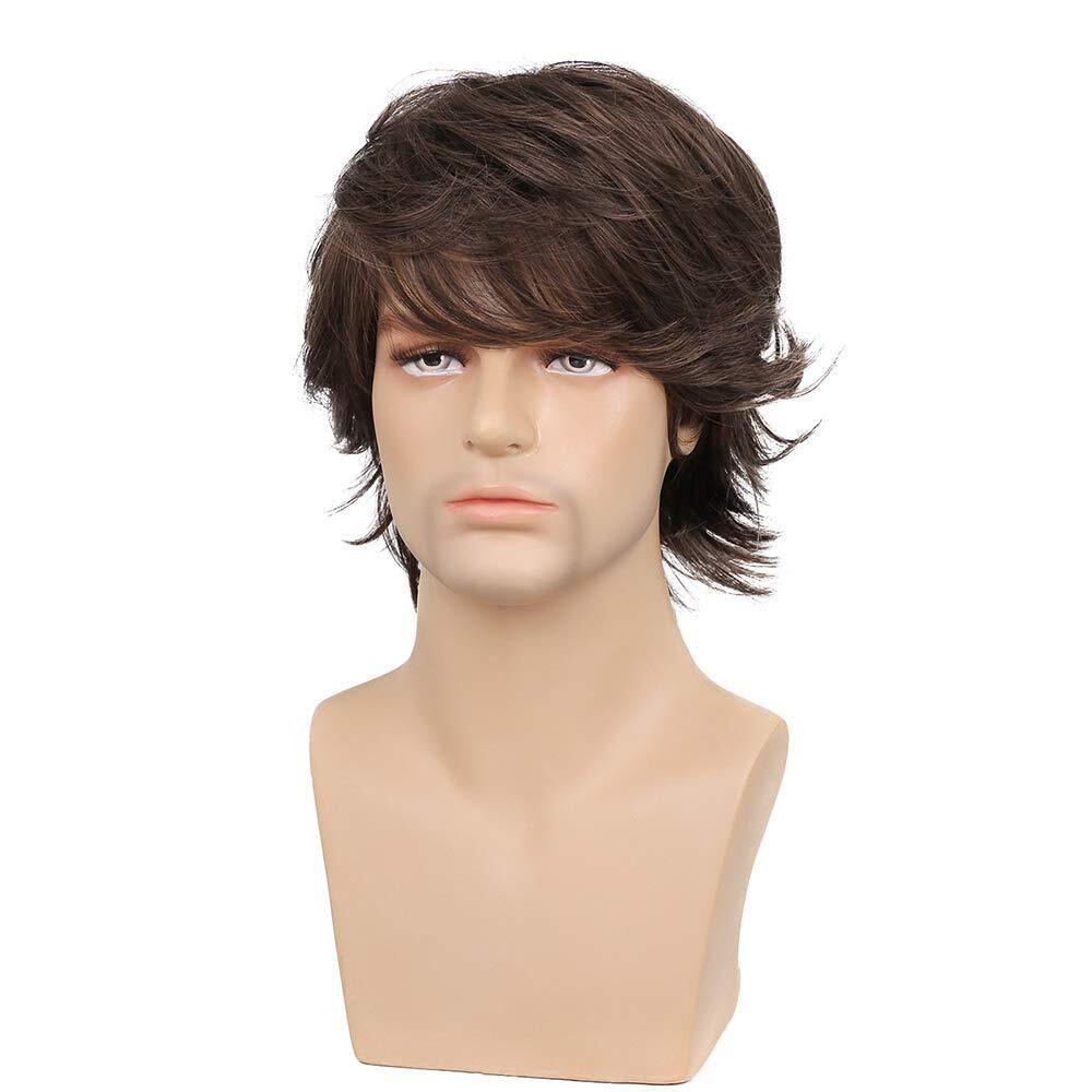 Men Short Brown Wig Natural Fluffy Synthetic Hair Wig Heat Resistant for Cosplay