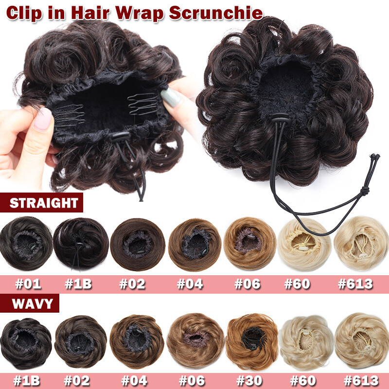 100% Real Human Hair Piece Clip In Wrap On Around Chignon Messy Bun Elastic Band