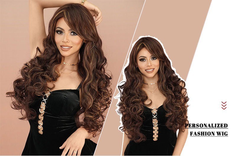Long wavy red-brown bleached blonde side-parted curly hair wig fluffy