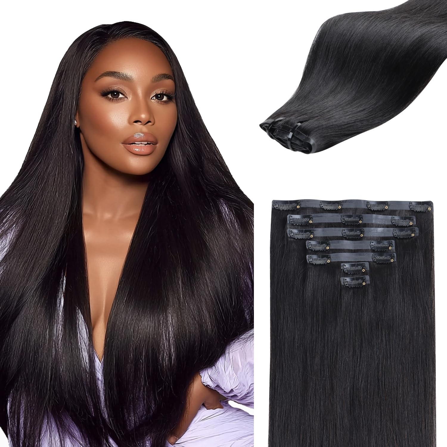 IDN BEAUTY Seamless Clip In Human Hair Extensions, Straight 12 Inch 80g 7pc