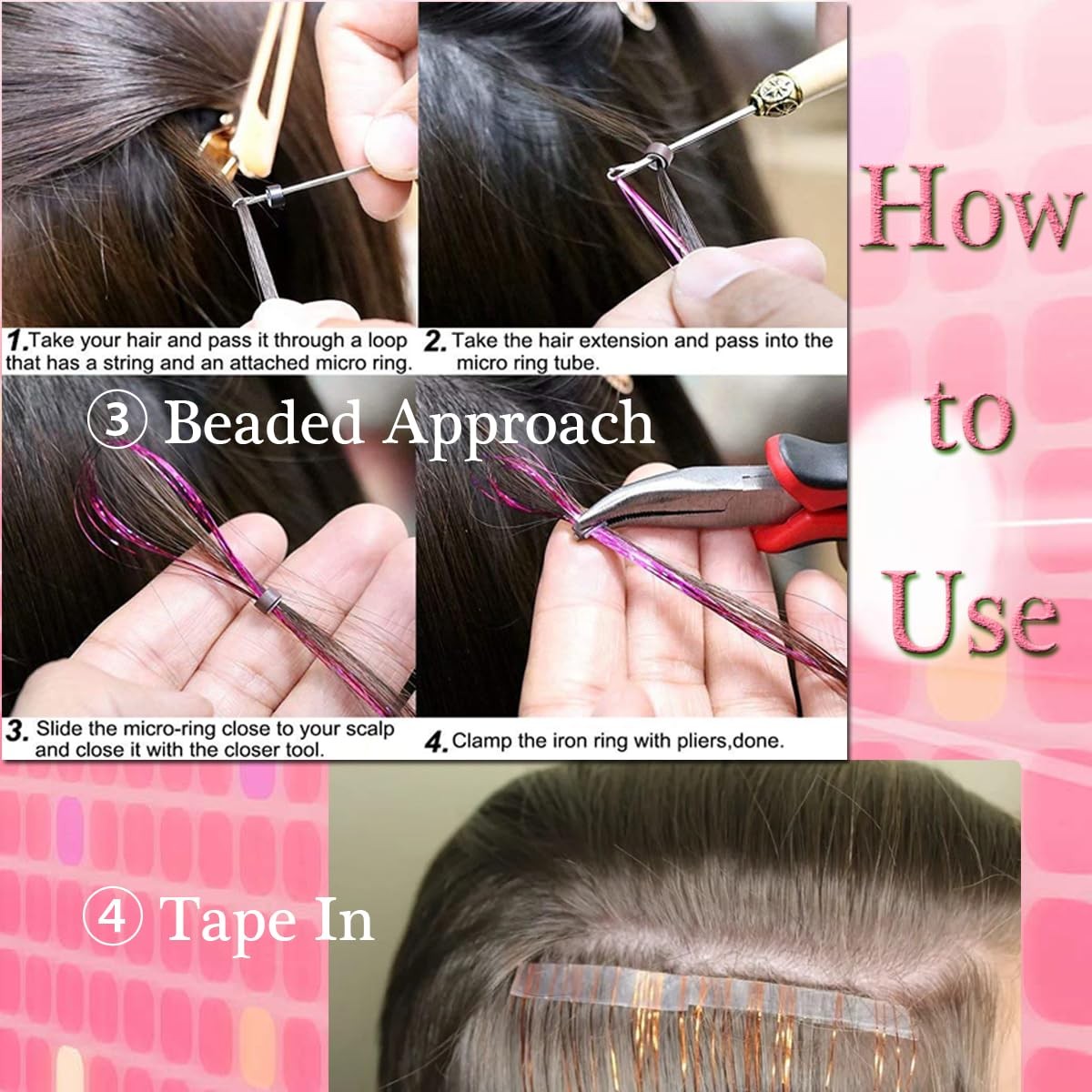 Hair Tinsel Tools Kit,Fairy Hair Strands for Women 12 Colors+Tools, 47 Inches