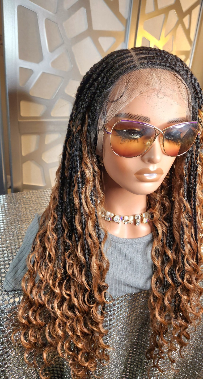 Boho Knotless Box Braids Wig 13×6 Lace Front Ombre Black Auburn Curly Ends