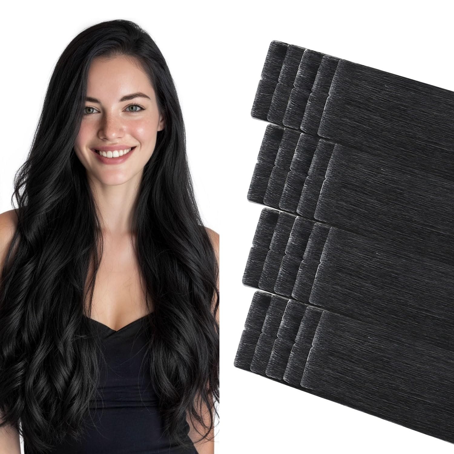 Invisible Seamless Tape-In Hair Extensions, Jet Black, 16 Inch, 20 Pcs, 35g Huma