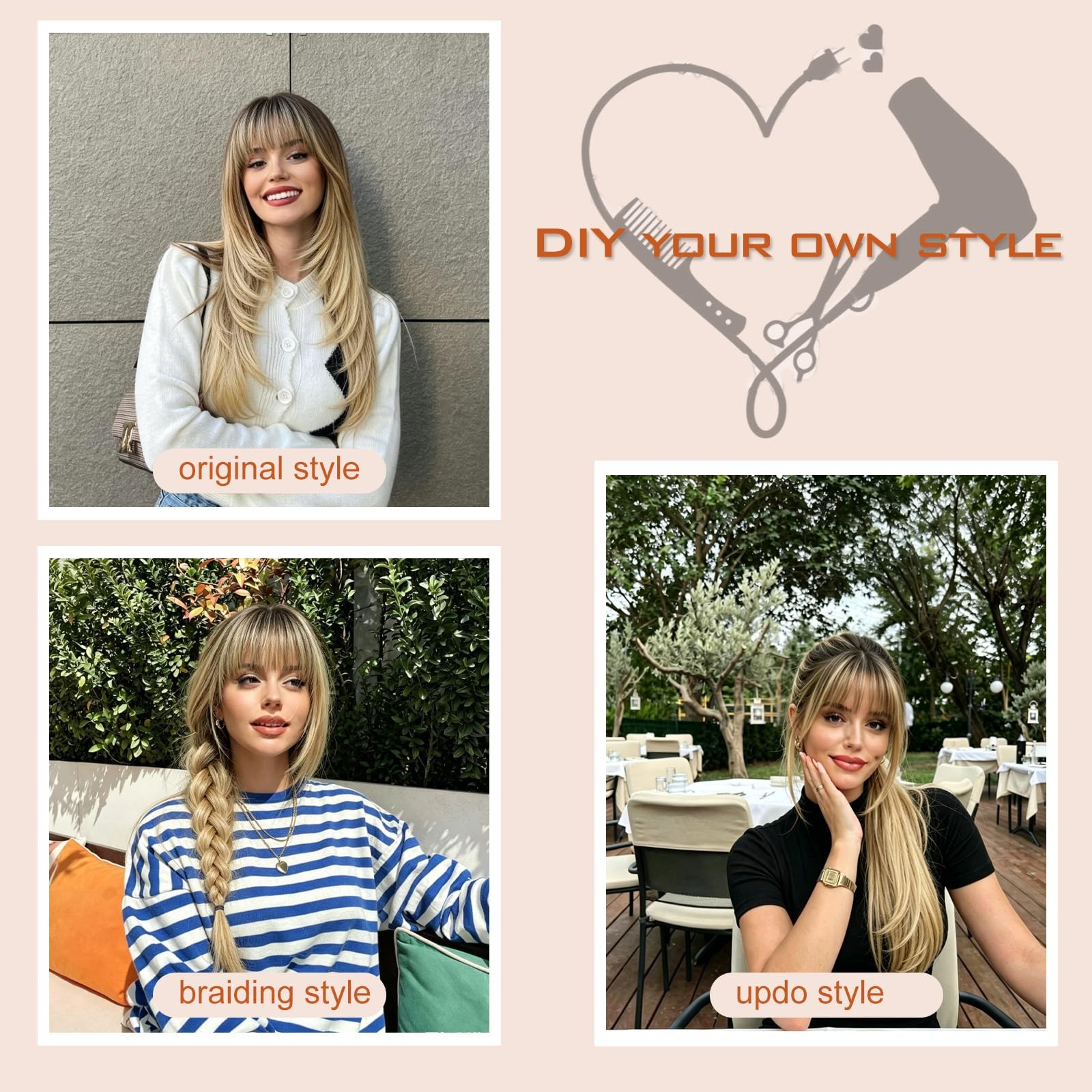 Ombre Blonde Layered Wig with Bangs 26 Inch Long Wavy Blonde Wigs for Women H…