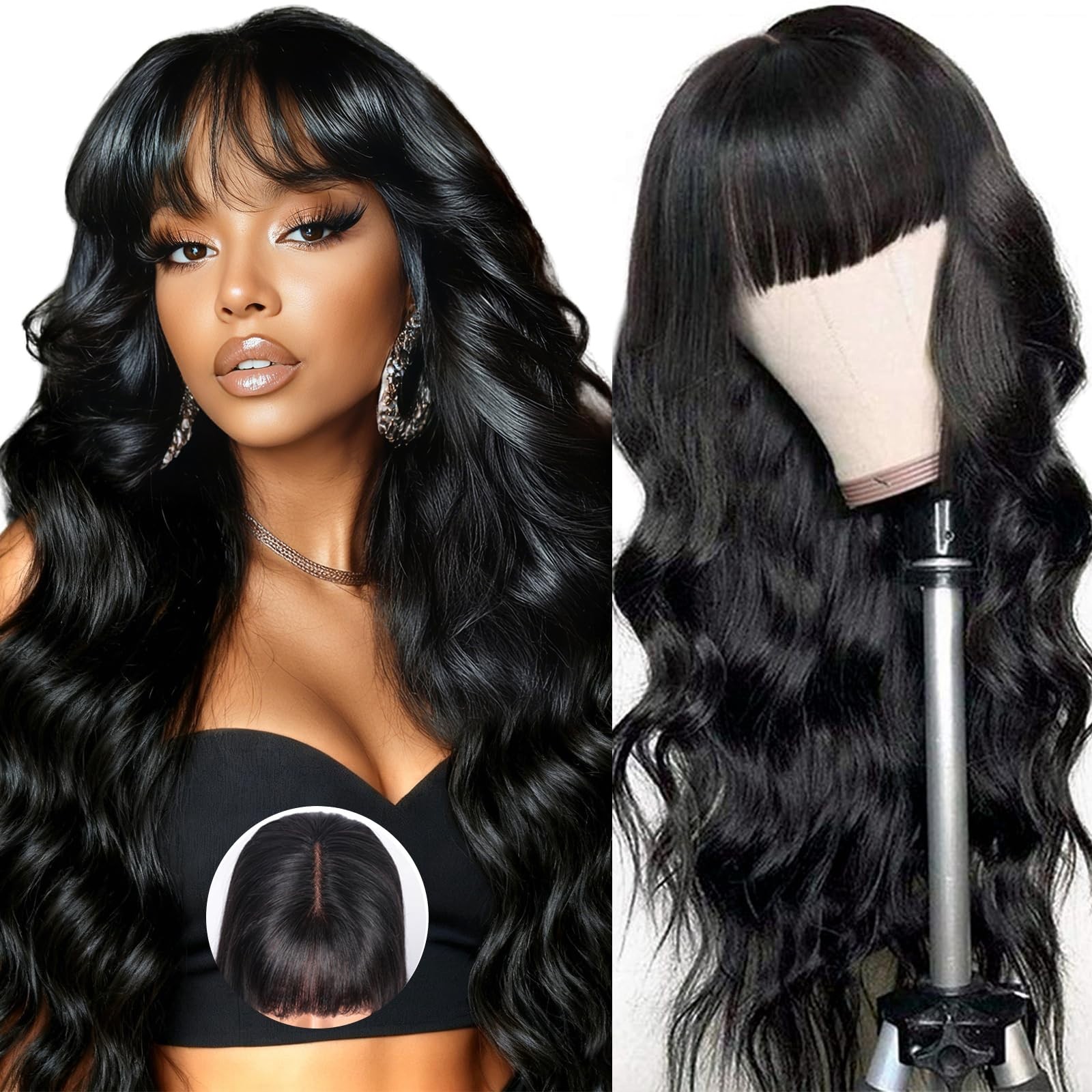 250 Density 20″ Body Wave HD Lace Front Wig with Bangs – Glueless, Human Hair fo