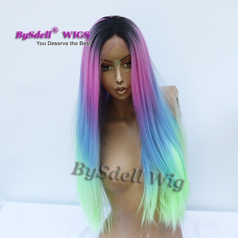 Synthetic long straight Pastel Ombre black pink blue green color Lace Front Wigs