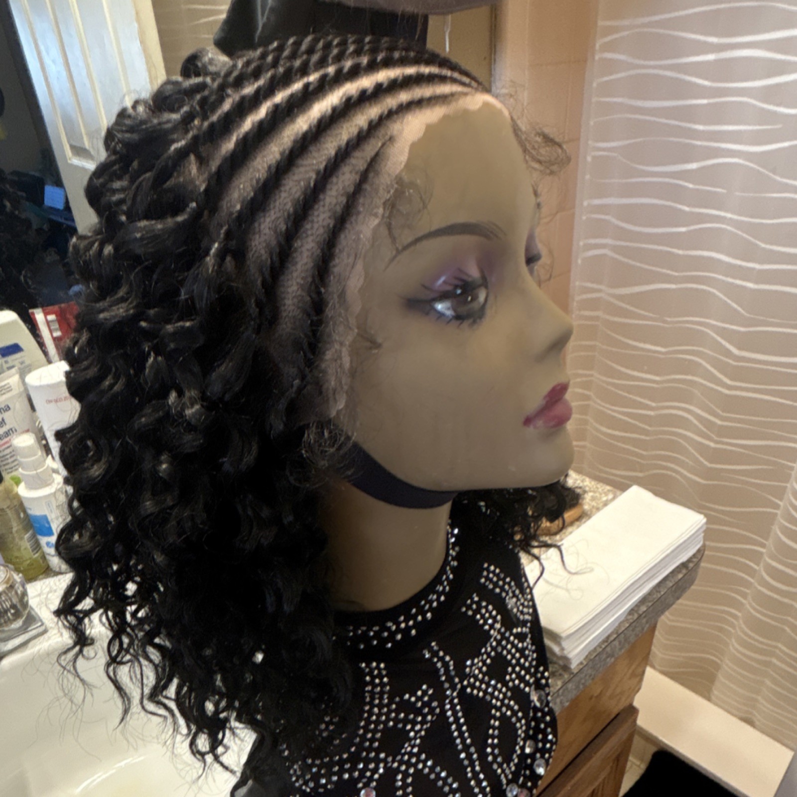 Braided Curly Lace Front 12 inch Human Hair Wig Medium Color 1b