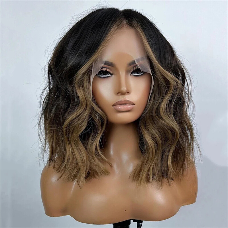 Short Bob Wigs Human Hair Glueless Brazilian Hair Ombre Black Brown 200% Density