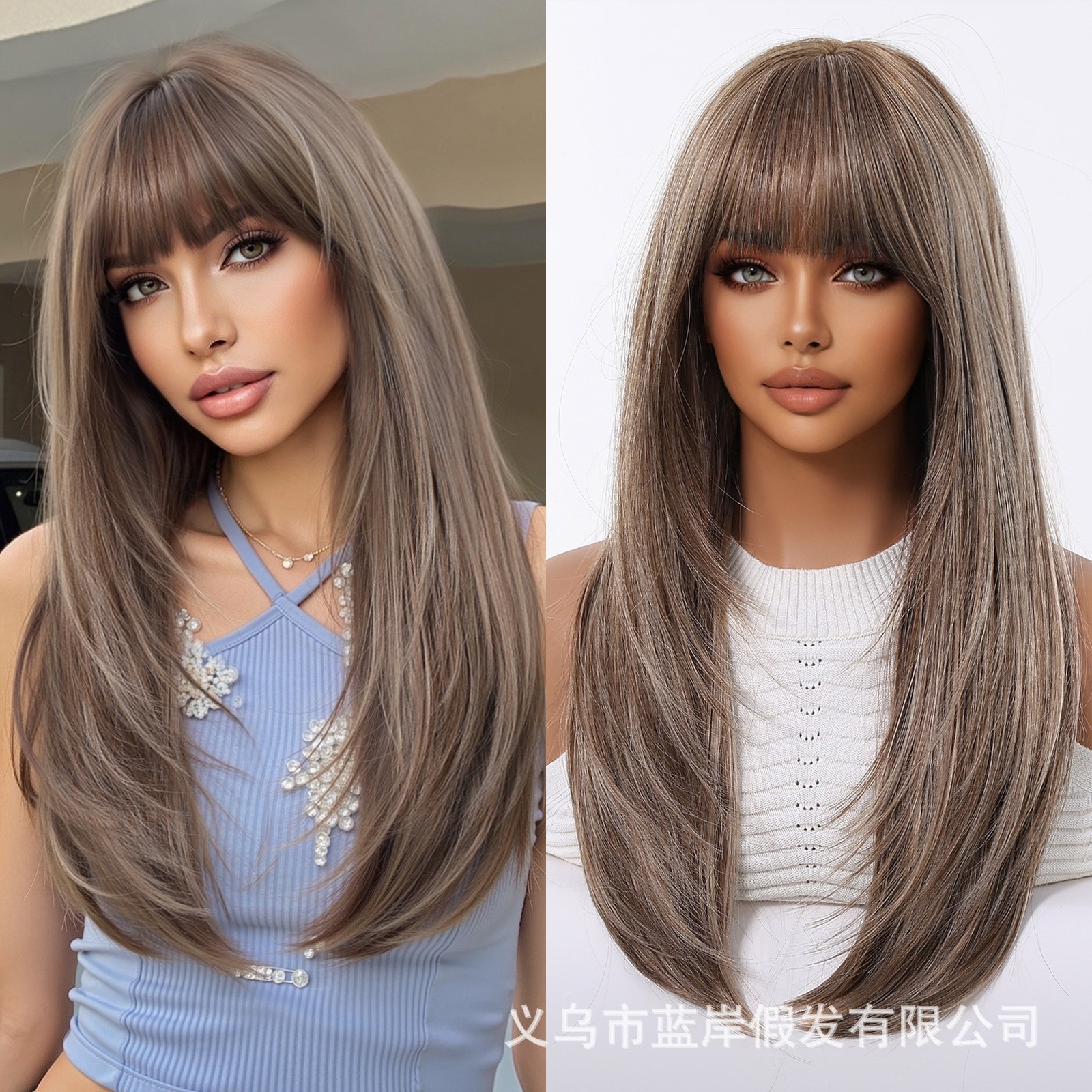 Platinum Blonde Long Straight Wig With Bangs Layered Full Head Synthetic Wig