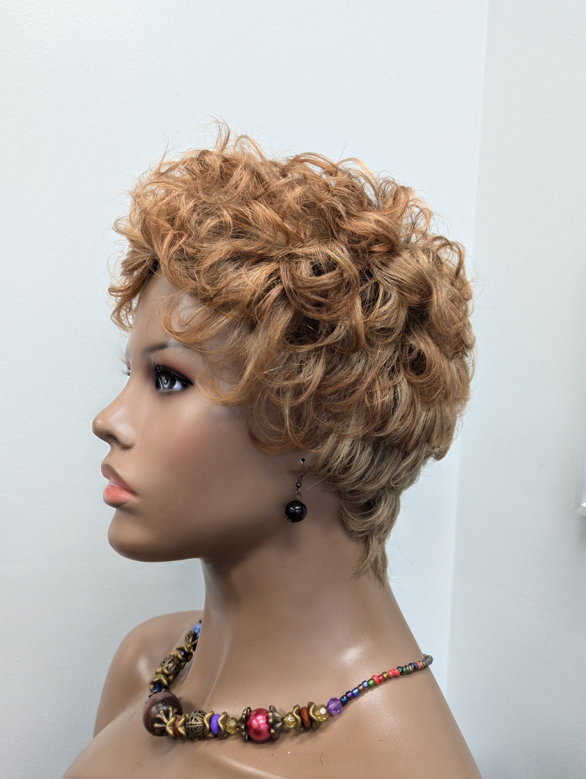 Human Hair Short Pixie Cut With Bangs Light Aurburn Mixed Blonde Wig