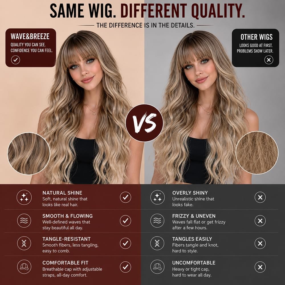 Long Blonde Highlights Wigs with Bangs 26Inch Wavy Curly Hair for Women Tangl…