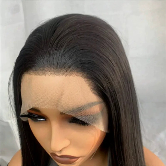 13×4 Lace Front Wig Long Black Straight Human Hair Blend Heat Ok Women Wig 26In