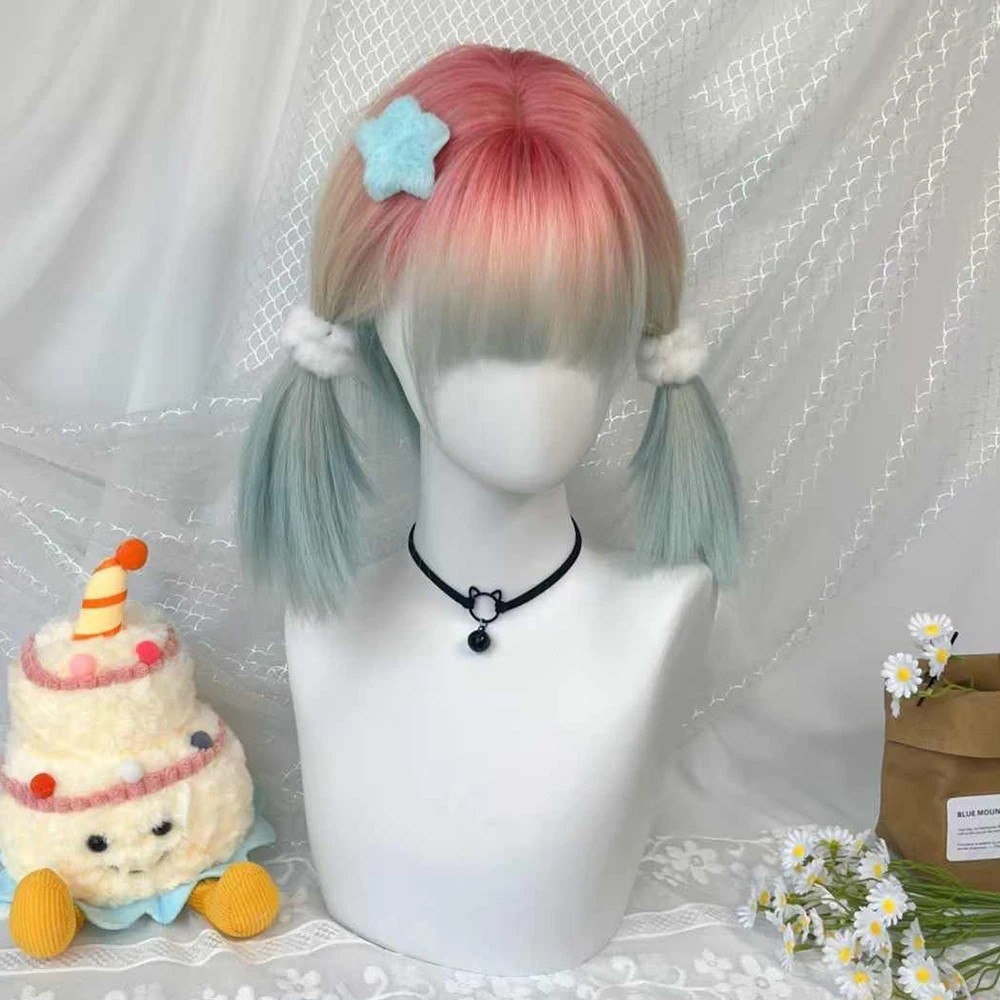 10″ Rainbow Pastel Bob Wig with Bangs Synthetic Gradient Highlights Lolita