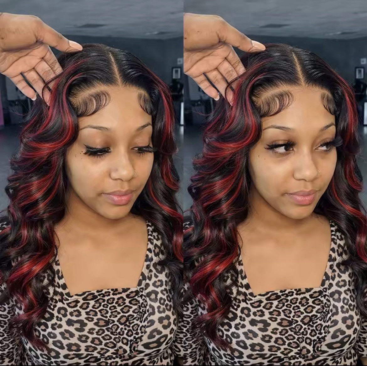 Women Human Hair Lace Front Wavy Bob Wig Middle Part Black/Red Highlights