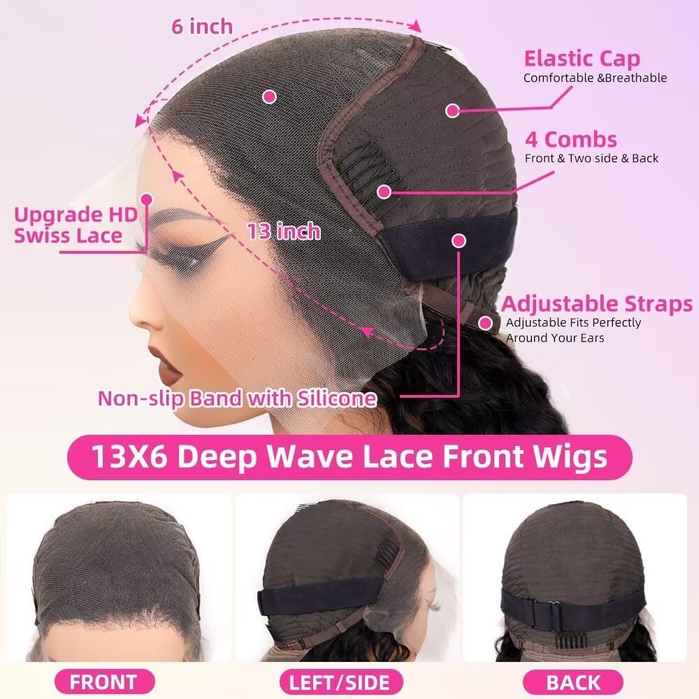30″ Deep Wave Lace Front Wig – 13×6 HD Transparent Curly Human Hair, 200% Densit