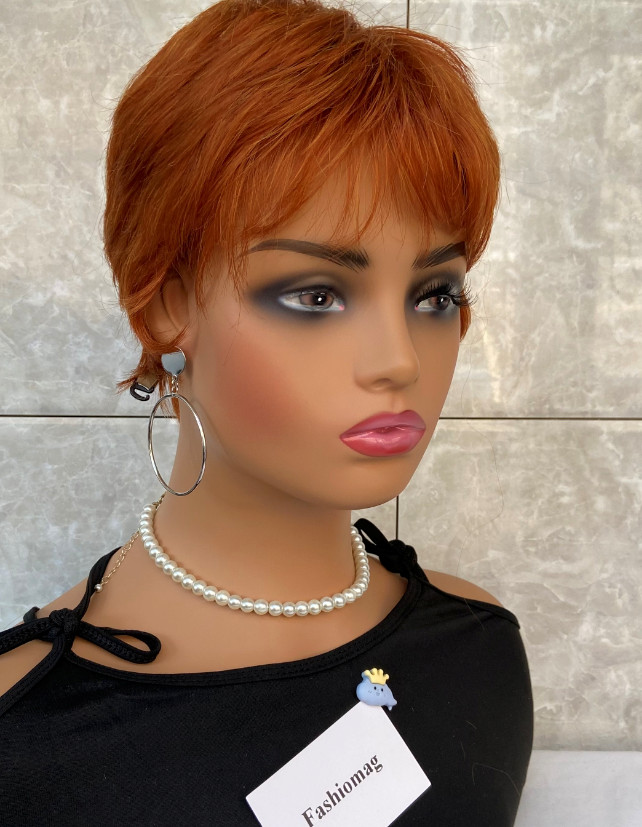Auburn Short Straight Layered Wig – Human Hair Blend, Heat Resistant, Soft