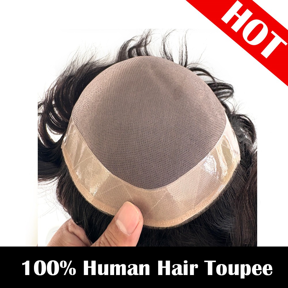 Mens Mono Top Hair System 130% Density Human Hair #1B Black Toupee Easy to Apply