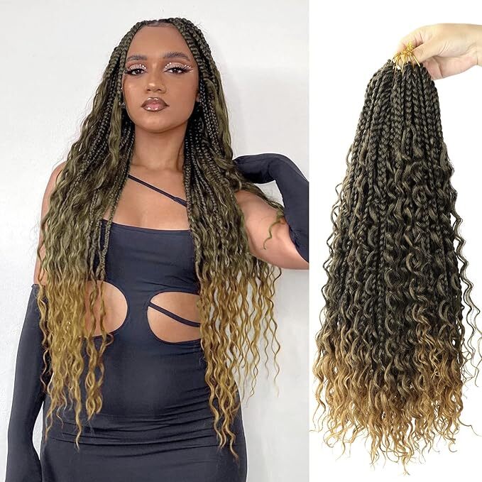 8pk Goddess Synthetic Bohemian Box Braids Crochet Hair With Curly Ends 22″ T27