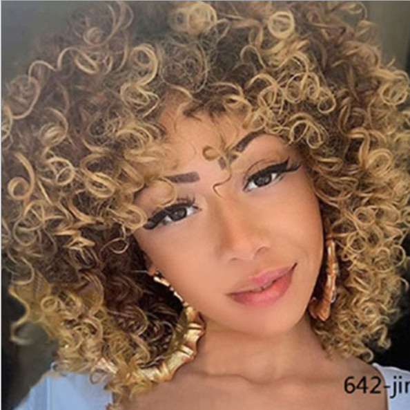 Women Ombre Blonde Short Curly Afro Wigs With Bangs Kinky Curly Wig Synthetic