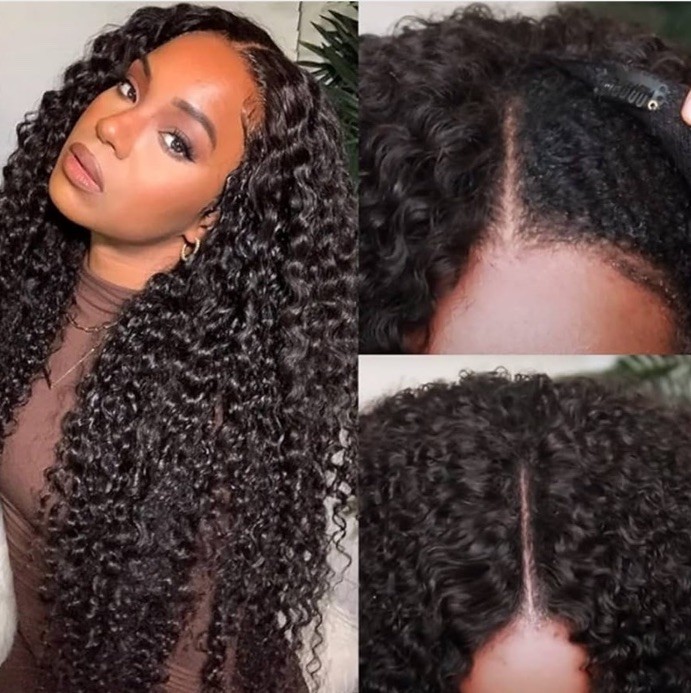 UNICE V Part Curly Human Hair Wig 18” Natural Black 180% Density Glueless U Part