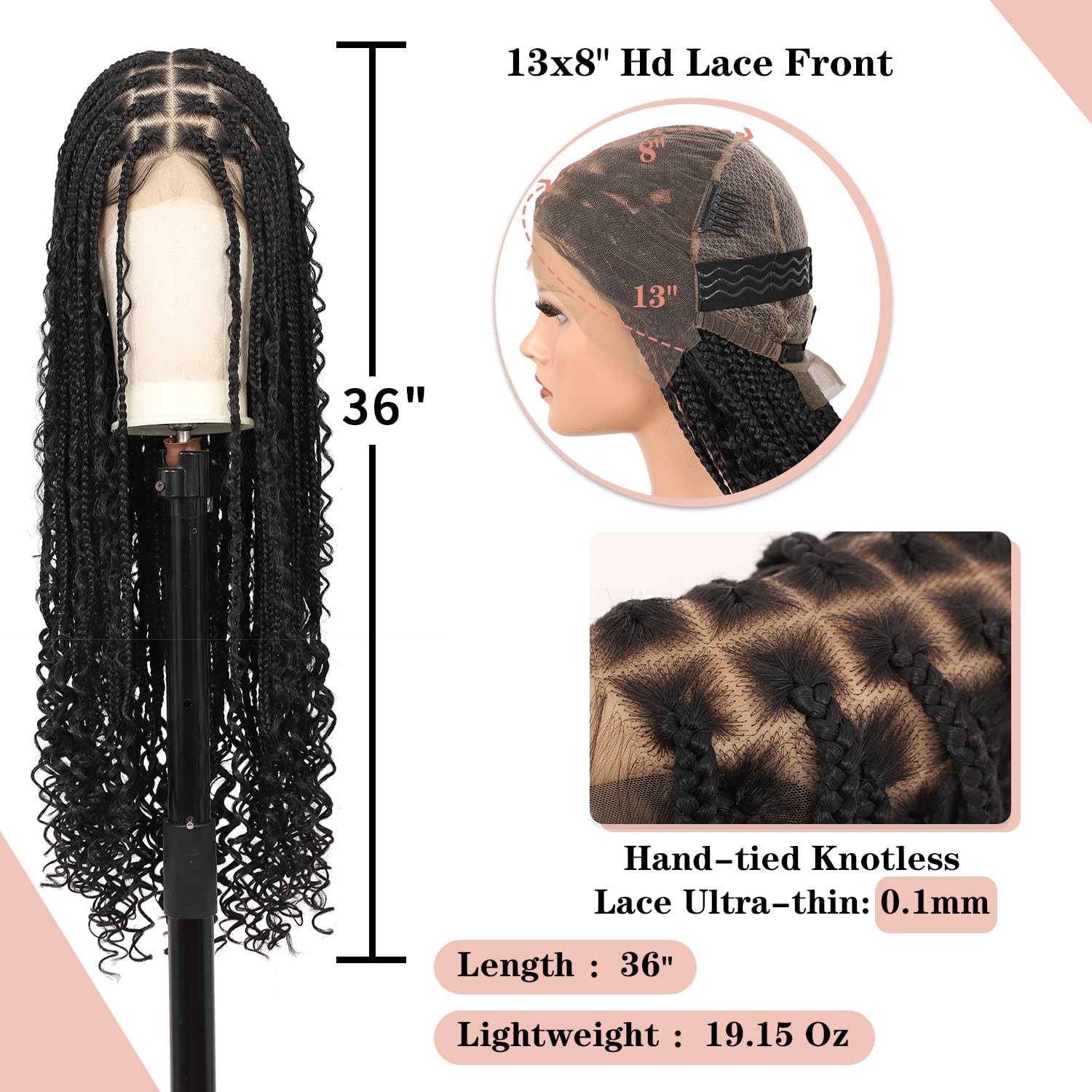 36″ Boho Braided Wigs for Women 13×8 Inch Hd Lace Front Box Braid Wig Knotles…