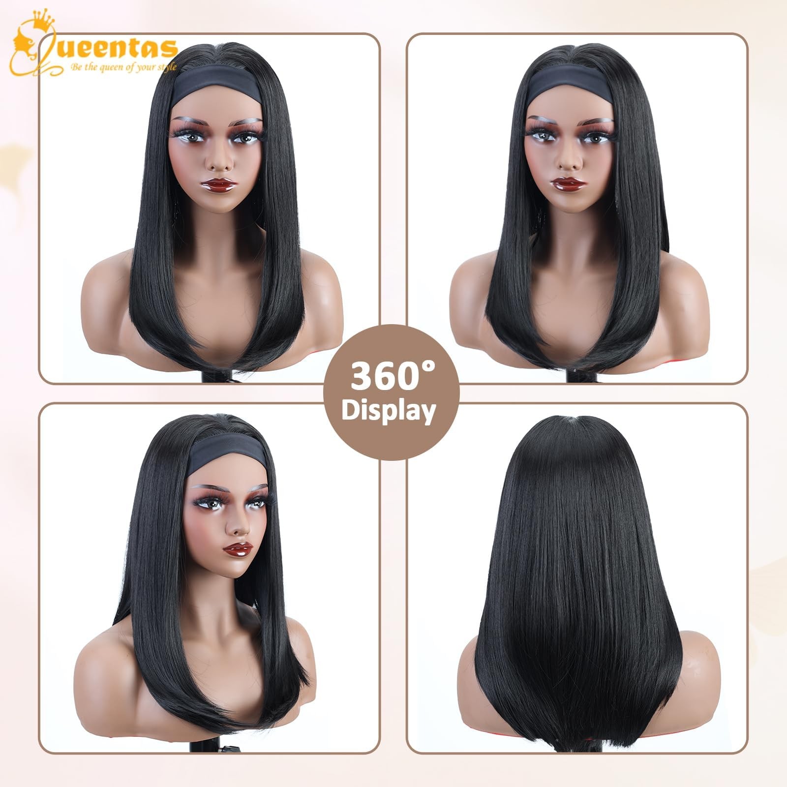Queentas 16 Inch Straight Headband Wig For Black Women Glueless Wear And Go