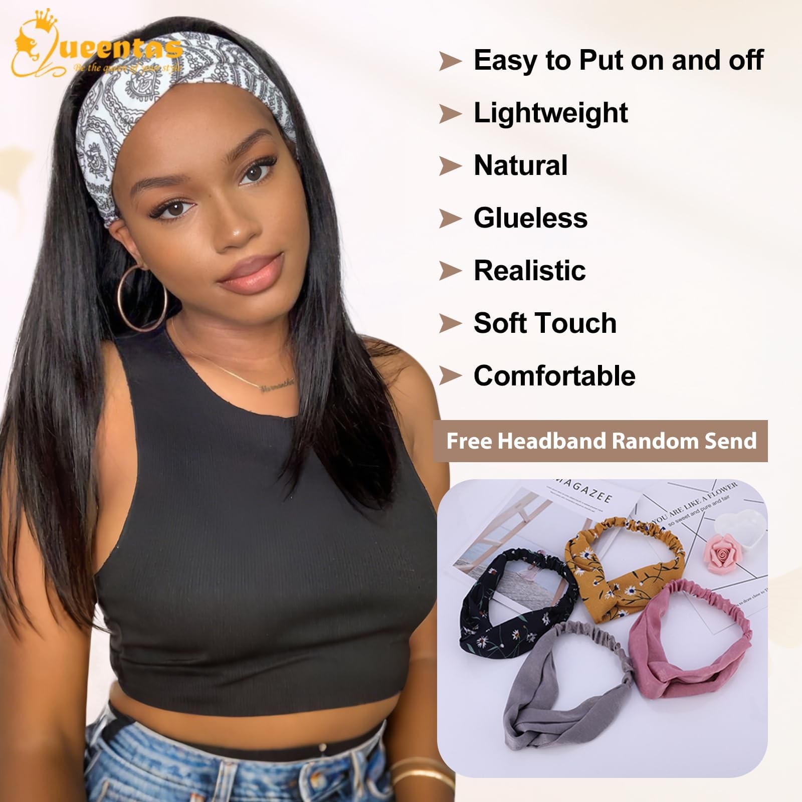 Queentas 16 Inch Straight Headband Wig For Black Women Glueless Wear And Go