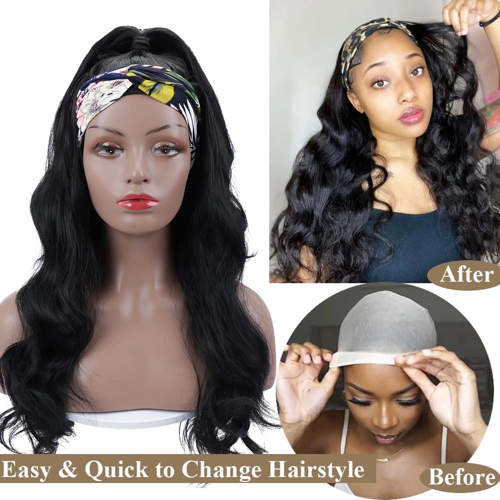 Glueless Headband Wig Long Black Body Wave Headband Wigs for Black Women Synt…