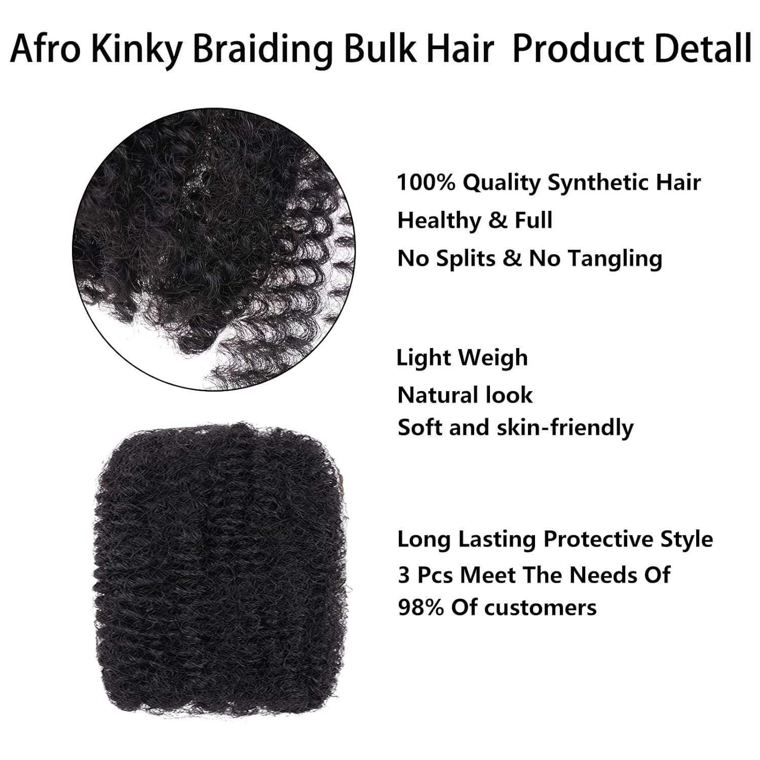 16 Inch 3 Bundles 90g Natural Black Afro Kinky Curly Braiding Bulk Hair For M…
