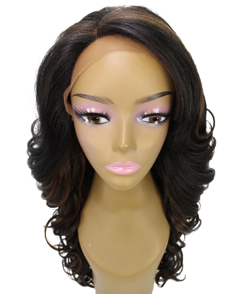 Wavy 24.5 in 13×2.5 Hand Tied Lace Front Wig, Brown with Caramel Highlights