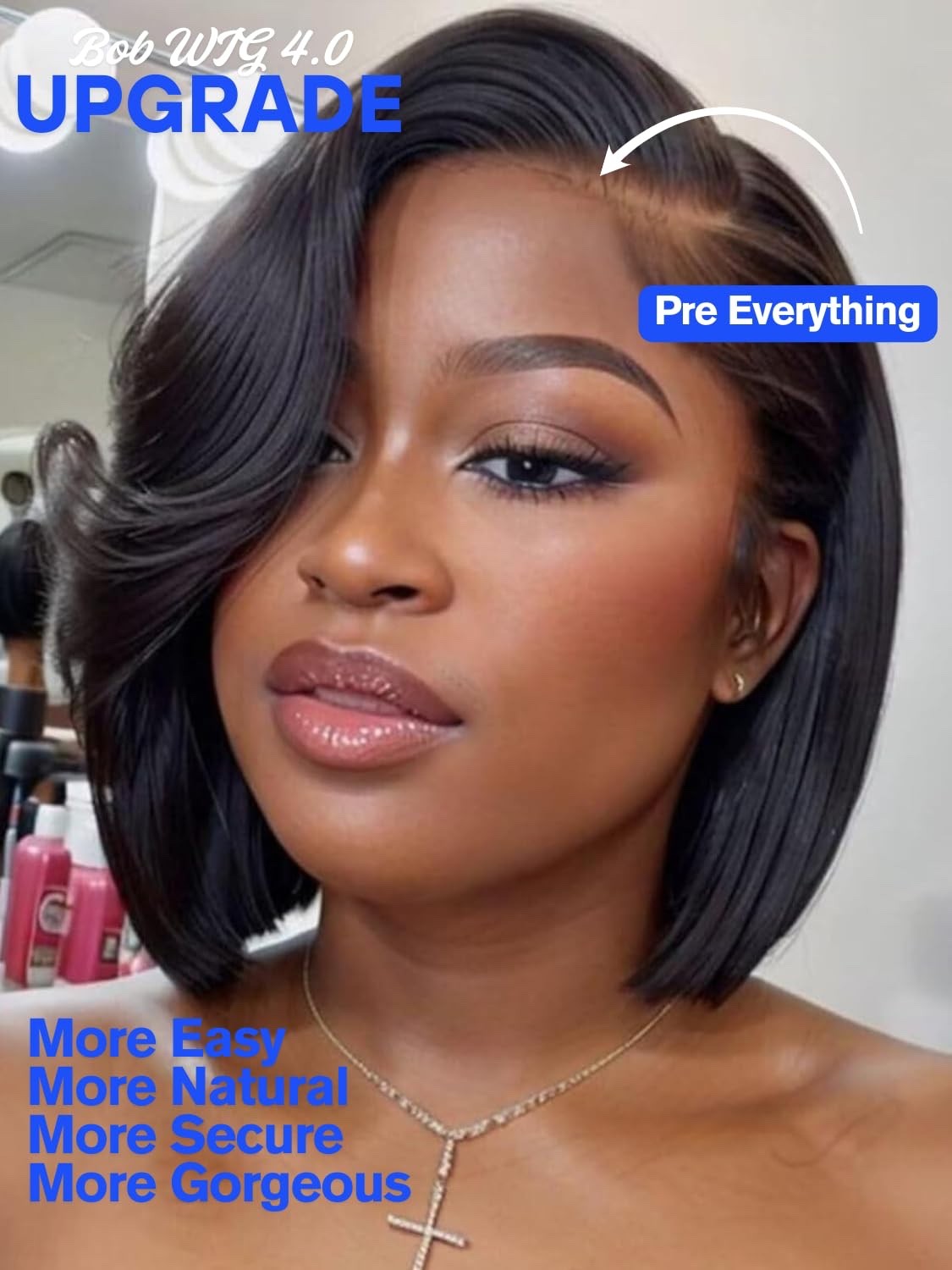 Glueless Short Layered Bob Drawstring 12″ Wig Human Hair Side Swept Bangs, 7×5
