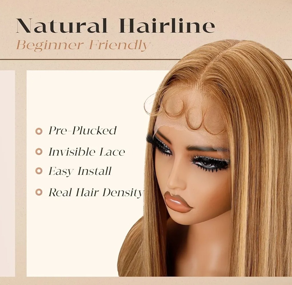 HD Lace Front Wig Human Hair Blend Highlights Wavy Curly Honey BROWN Blonde
