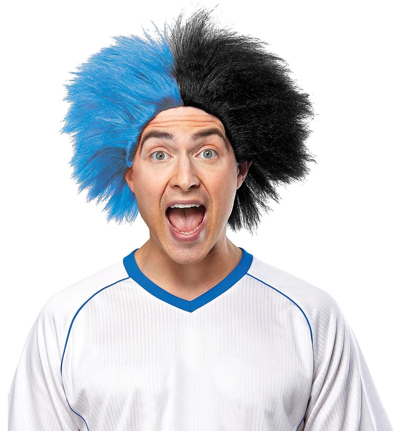 Blue & Black 2-Tone Sports Fan Wig Team Spirit Unisex Crazy Hair Adult Costume